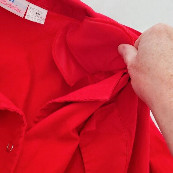 💃VINTAGE 80s Avon Bright Red Shirtdress Puff Sleeve Elastic Waist Midi 8 - Picture 7 of 10